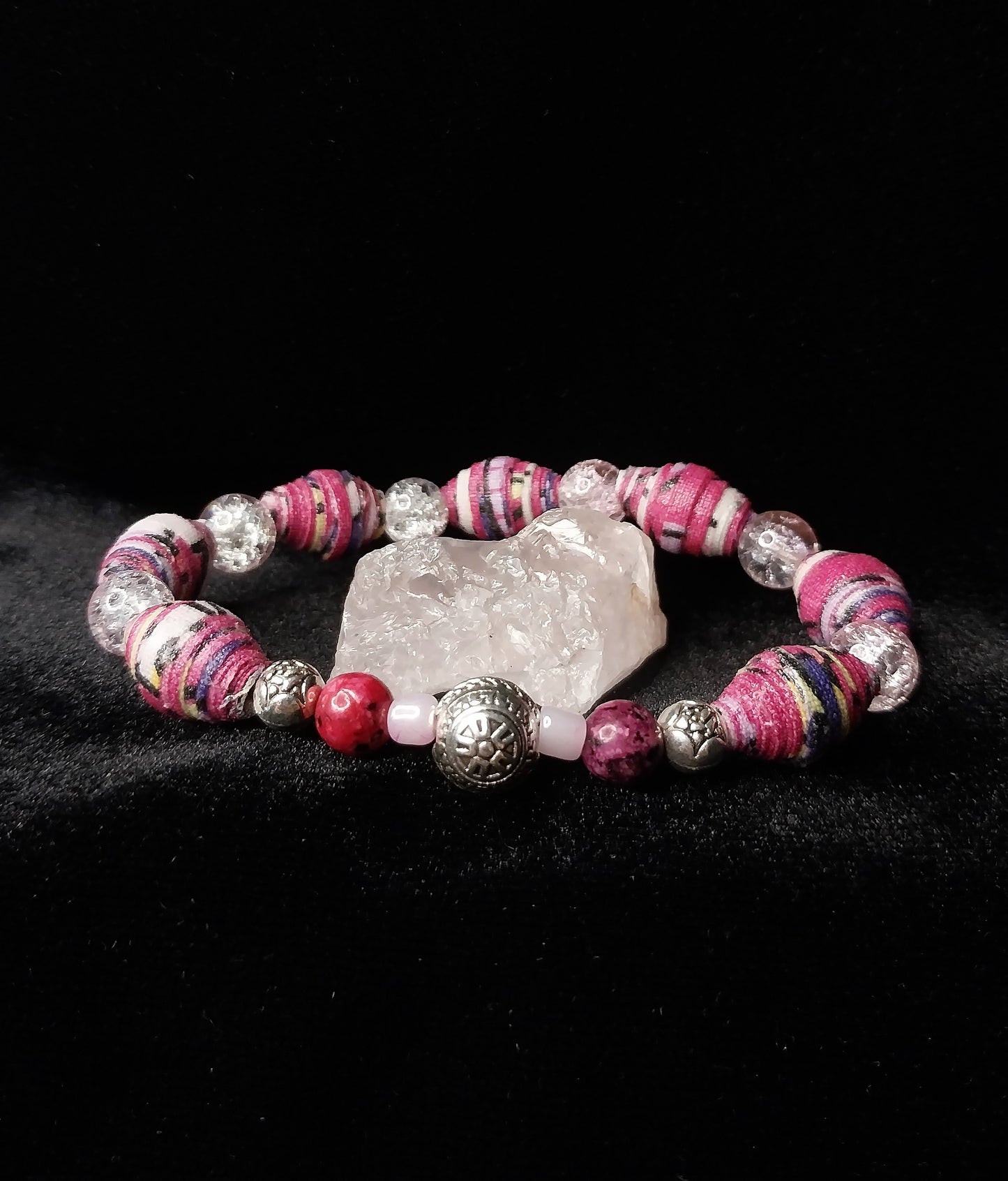 Bracelet With Mandala, Magenta Colored Handmade Cloth Beads & Crackle Beads