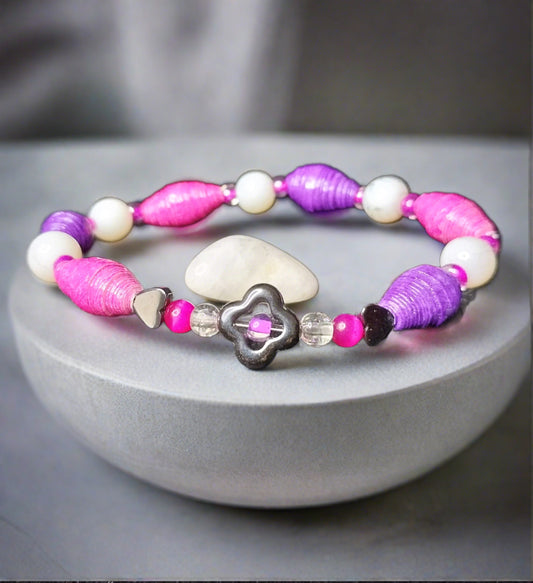 Bracelet With Cross, Pink and Purple Handmade Paper Beads & Marbled Beads