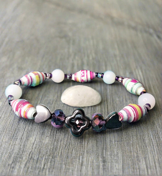 Bracelet With Cross, Colorful Handmade Paper Beads and White Glass Beads