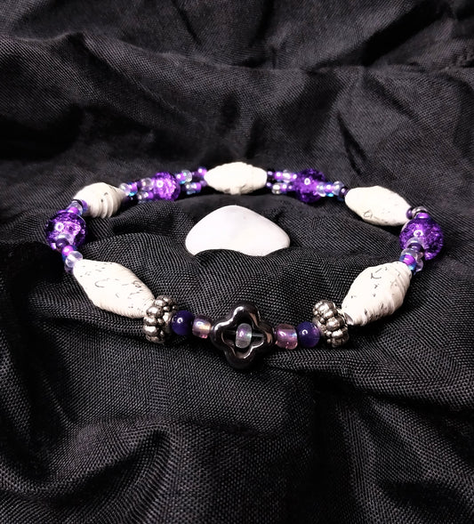 Bracelet With Cross, White Speckled Handmade Paper Beads and Purple Beads