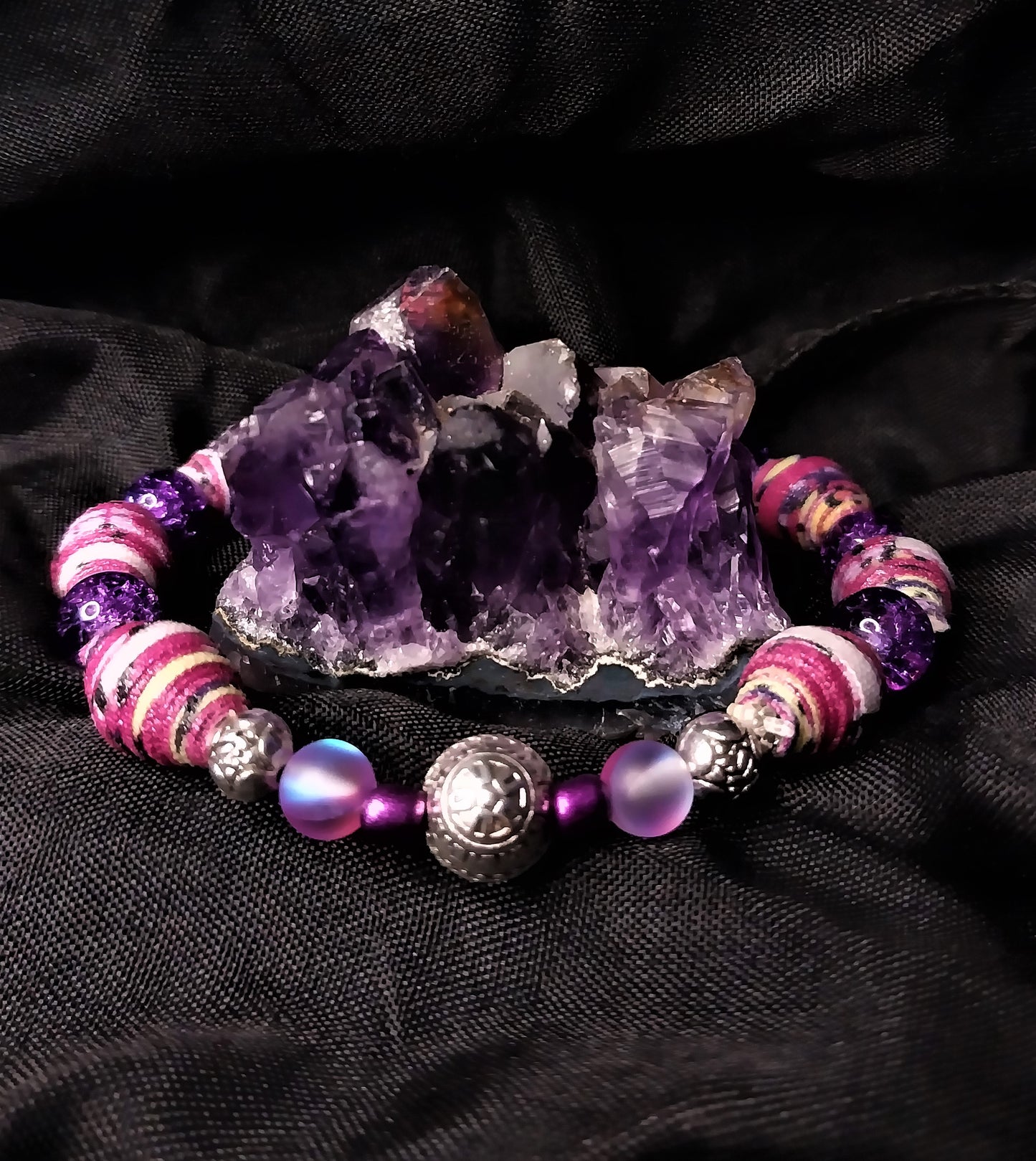 Bracelet With Mandala, Magenta Colored Handmade Cloth Beads & Crackle Beads