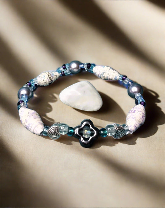Bracelet With Cross, White, Purple, and Blue Handmade Paper Beads & Silver Beads