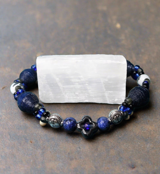 Bracelet With Cross, Midnight Blue Handmade Paper Beads & Marbled Beads