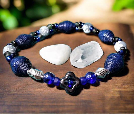 Bracelet With Cross, Navy Blue Handmade Paper Beads & Marbled Beads