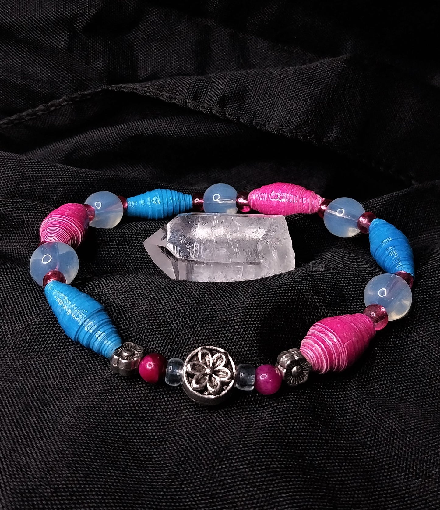 Bracelet With Flowers, Pink & Blue Handmade Paper Beads & Opaque Glass Beads