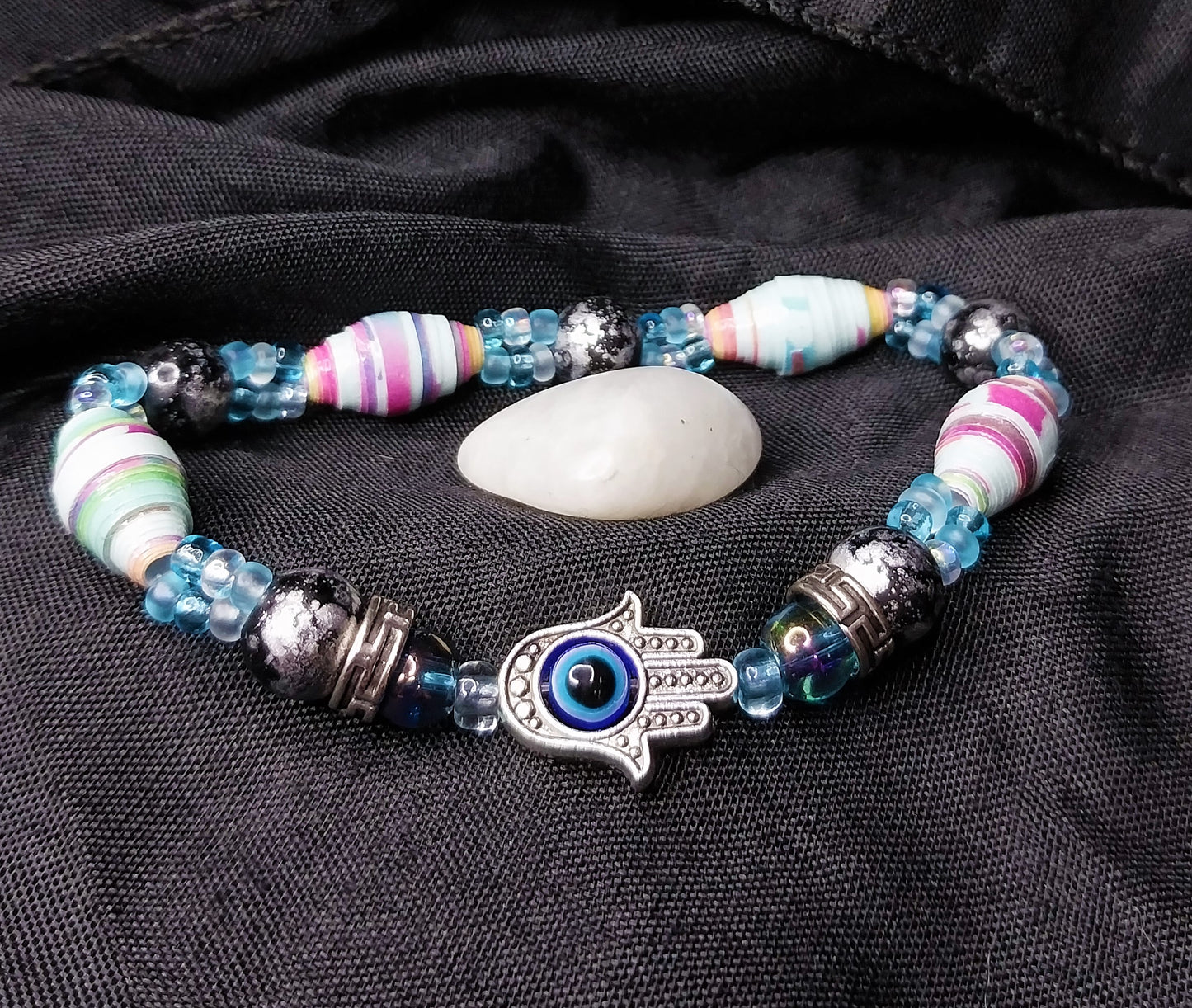 Bracelet With Hamsa Hand, Colorful Handmade Paper Beads, and Marbled Glass Beads