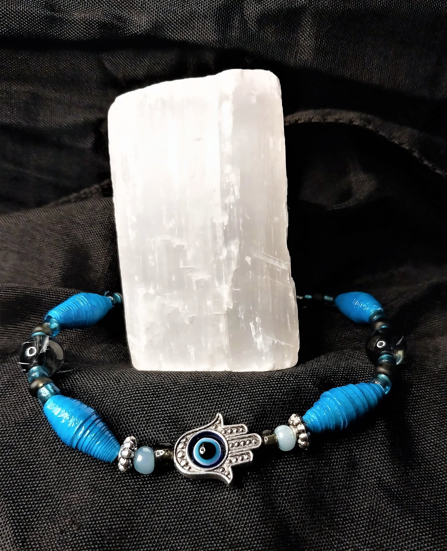 Bracelet With Hamsa Hand, Deep Sky Blue Handmade Paper Beads & Clear Glass Beads