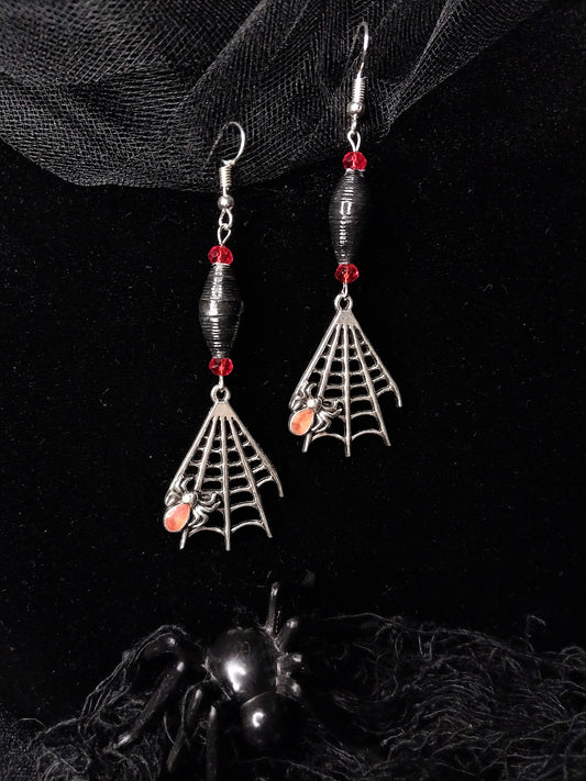 Spiderweb Earrings With Black Handmade Paper Beads