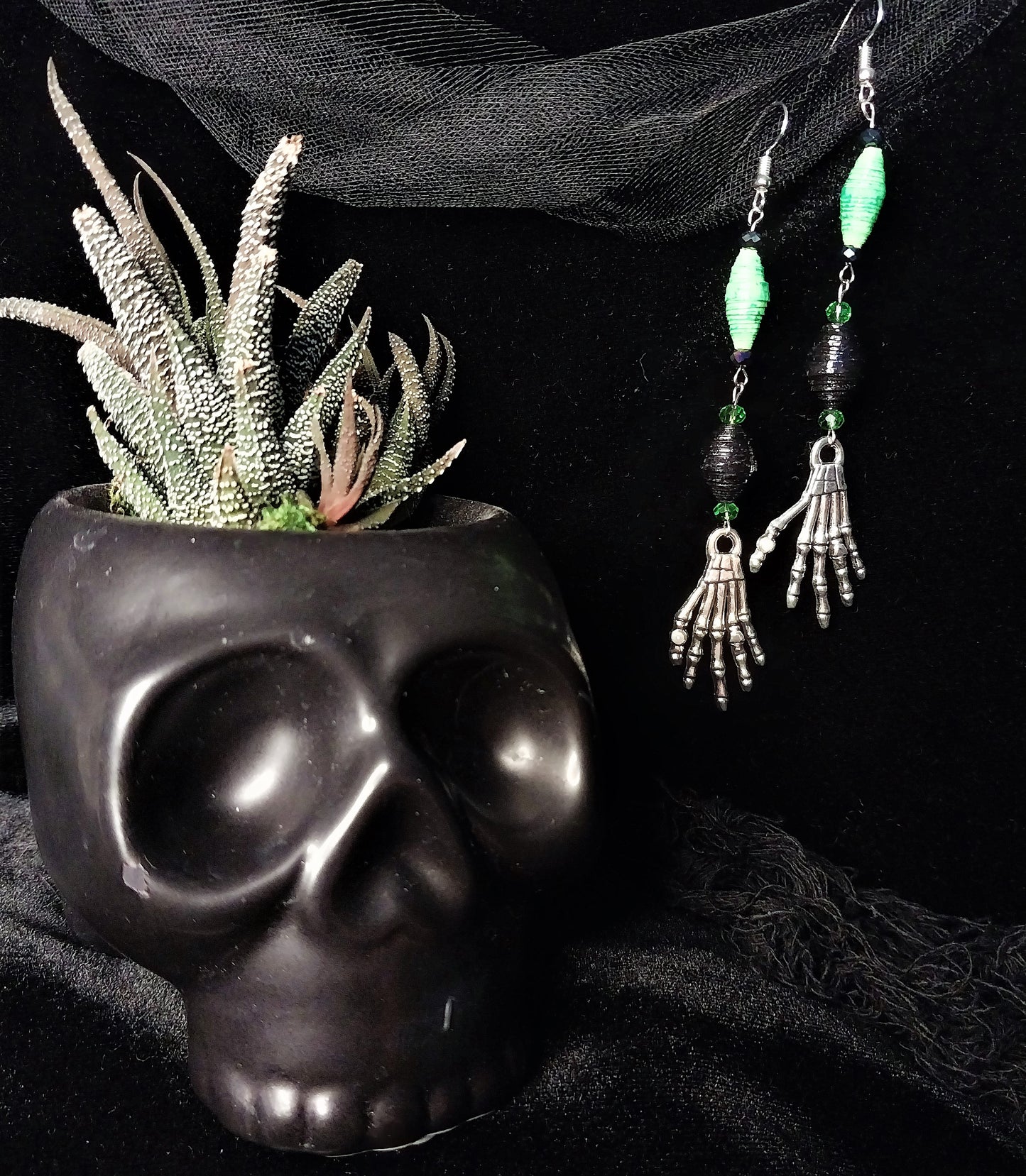 Skeleton Hand Earrings With Black & Green Handmade Paper Beads