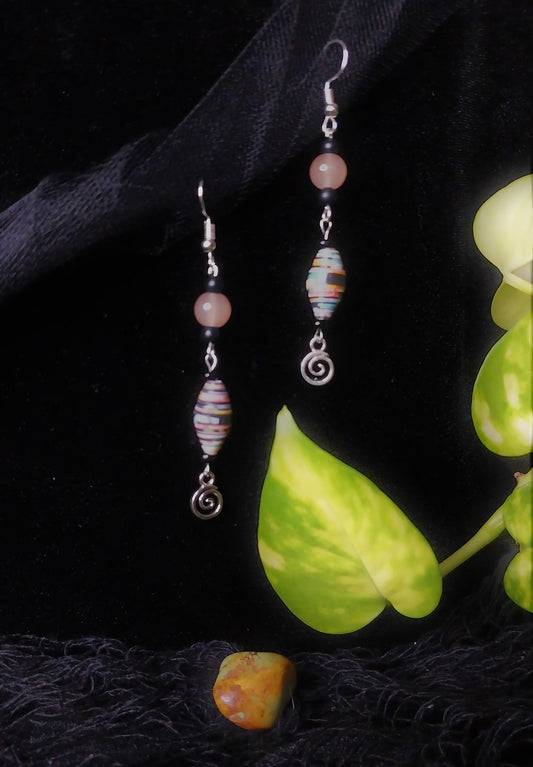 Spiral Earrings With Multicolored Handmade Paper Beads