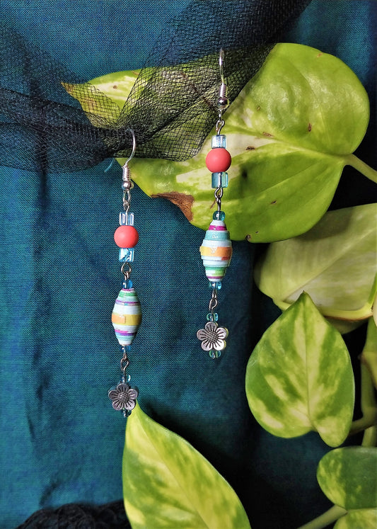 Flower Earrings With Multicolored Handmade Paper Beads