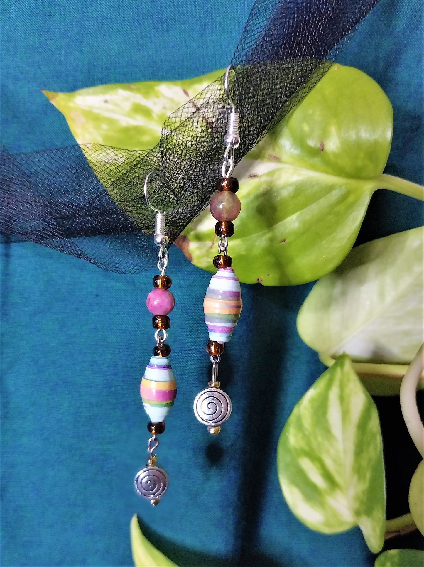 Spiral Earrings With Multicolored Handmade Paper Beads