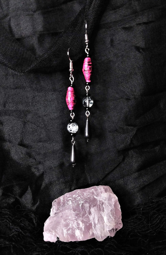 Teardrop Earrings With Pink Distressed Handmade Paper Beads