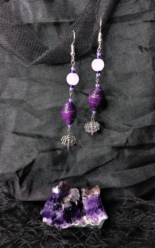 Flower Earrings With Dark Purple Handmade Paper Beads