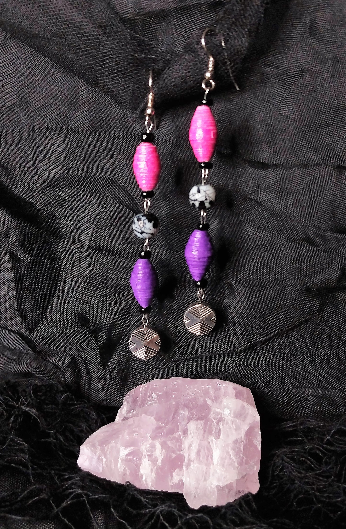Art Deco-Style Earrings With Pink and Purple Handmade Beads