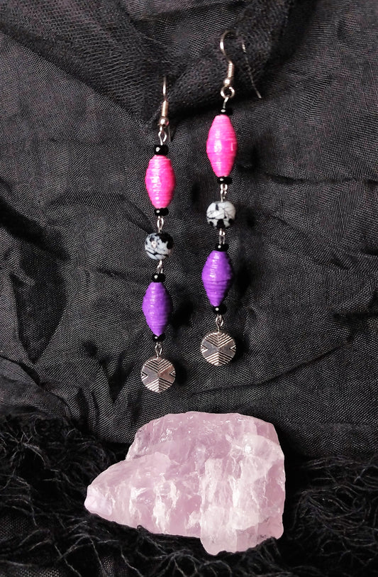 Art Deco-Style Earrings With Pink and Purple Handmade Beads