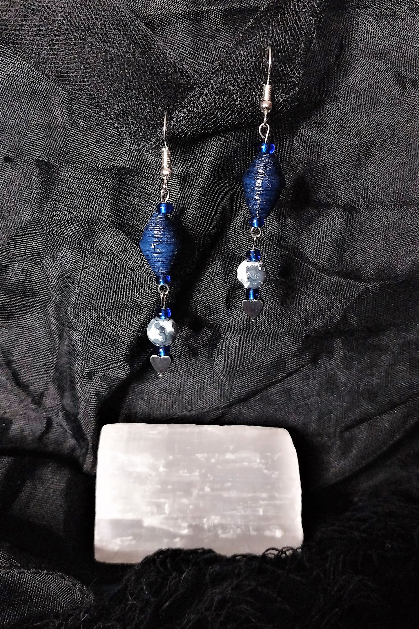 Heart Earrings With Navy Blue Handmade Paper Beads