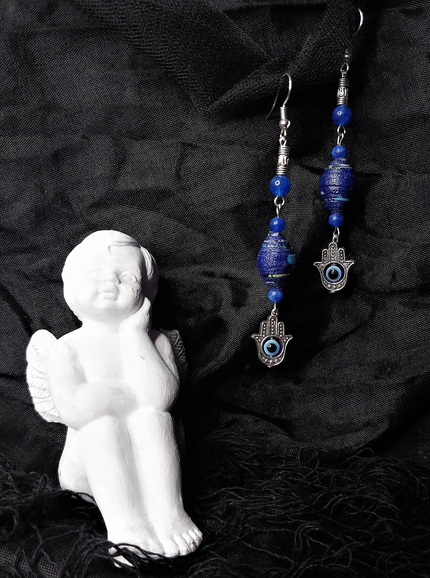 Hamsa Hand Earrings With Dark Blue Handmade Cloth Beads