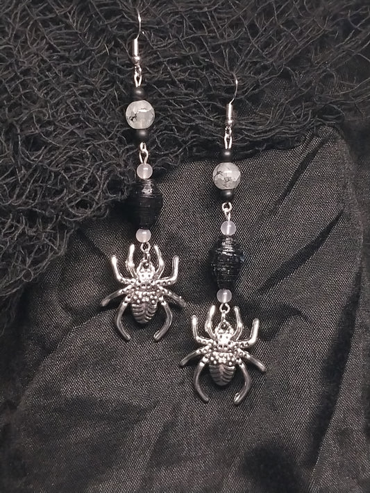 Spider Earrings With Black Handmade Paper Beads and Marbled Beads