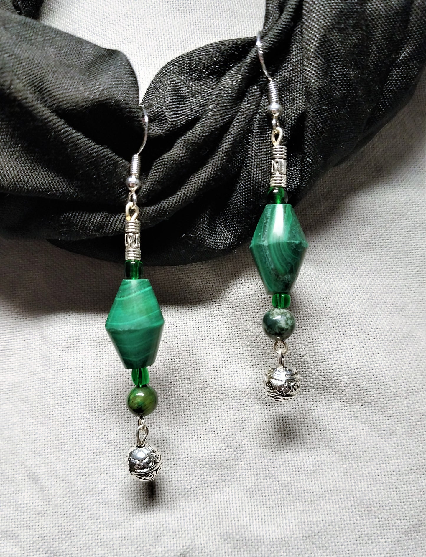 Malachite Earrings With Green Glass Beads