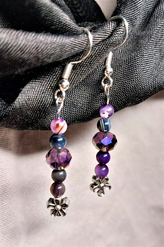 Flower Earrings With Purple Banded Agate Beads