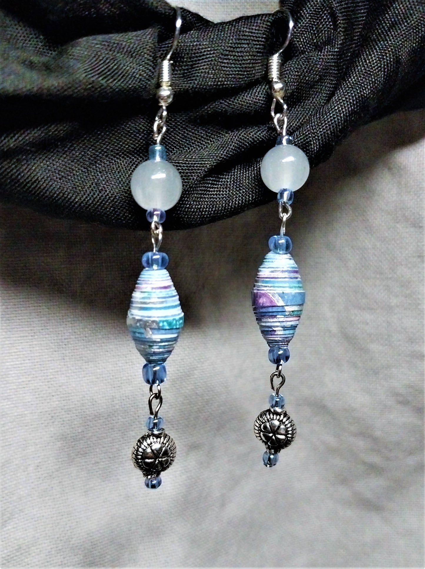 Shimmery Multicolored Handmade Paper Bead Earrings With Round Charm