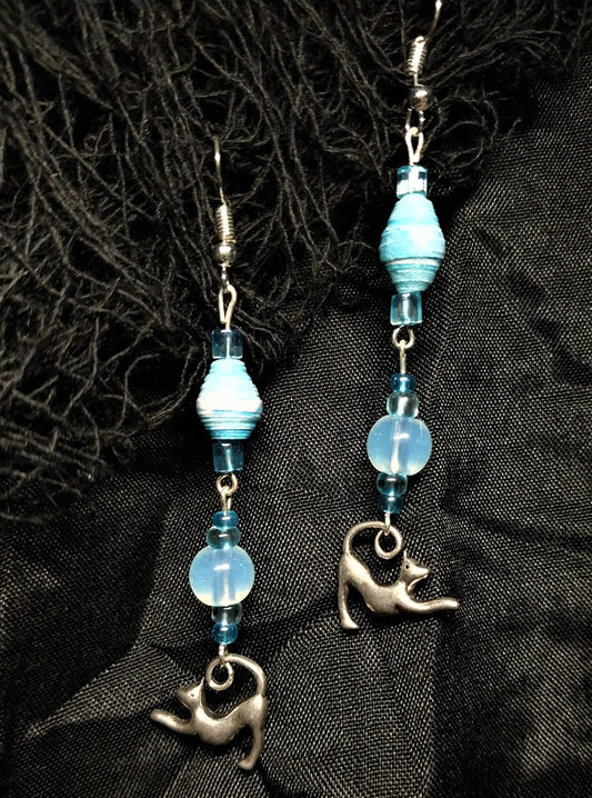 Cat Earrings With Blue Handmade Paper Beads and Clear Beads