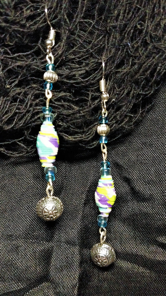 Multicolored Handmade Paper Bead Earrings With Round Ball Charm