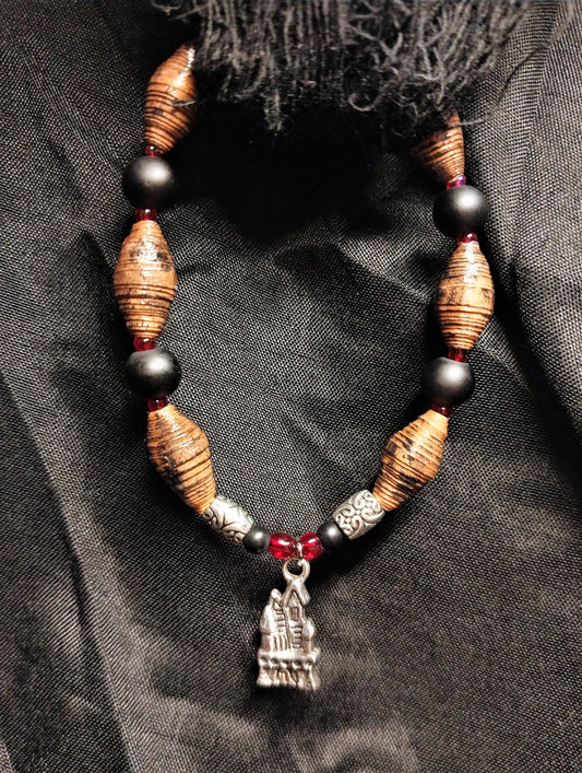 Bracelet With Haunted House, Brown Distressed Handmade Paper Beads, and Black Beads