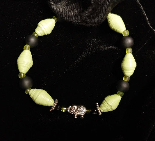 Bracelet With Elephant, Light Green Handmade Beads & Black Beads