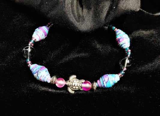 Bracelet With Turtle, Rainbow Colored Handmade Paper Beads, and Clear Beads