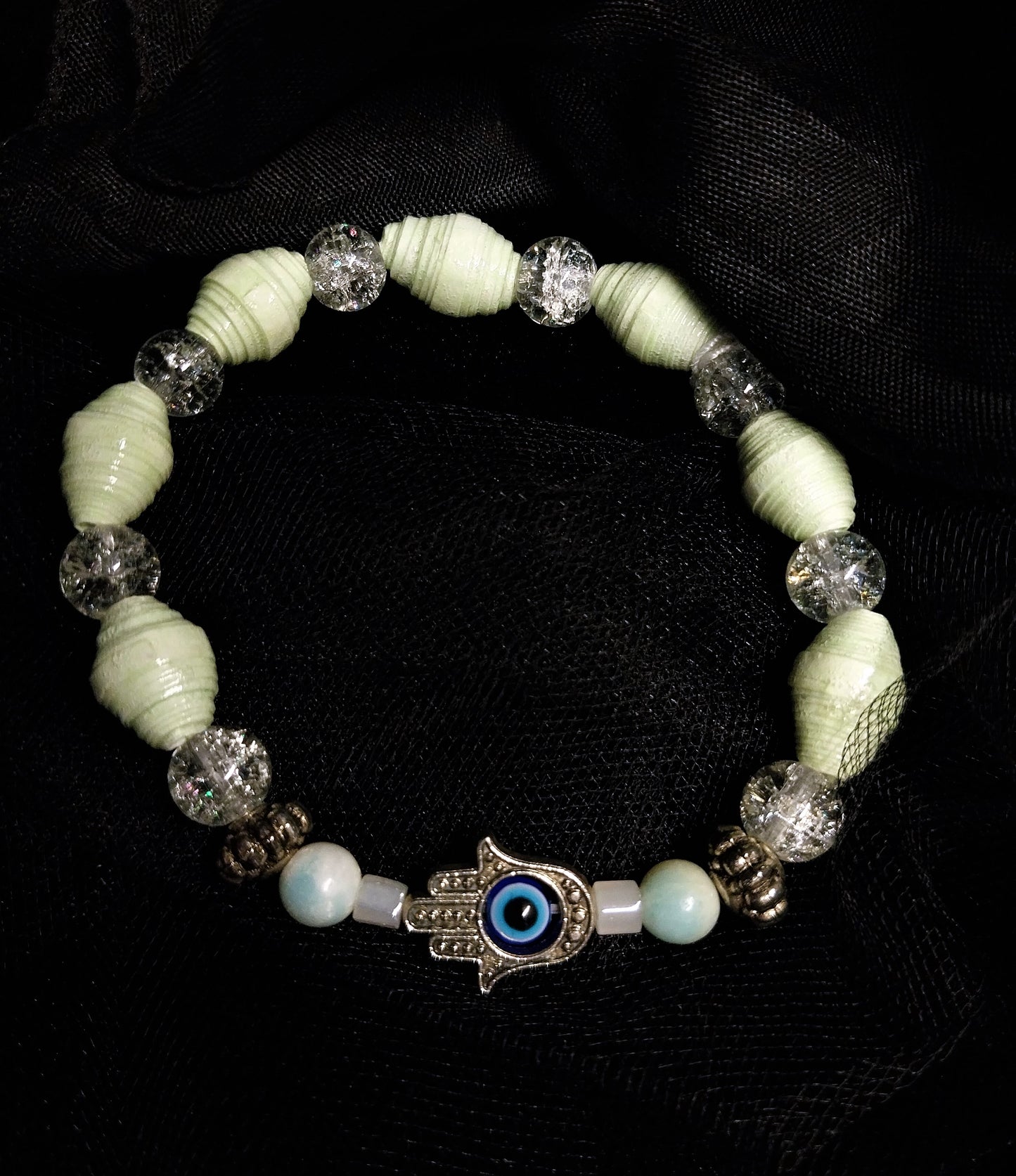 Bracelet With Hamsa Hand, Paste Green Handmade Paper Beads, and Crackled Beads