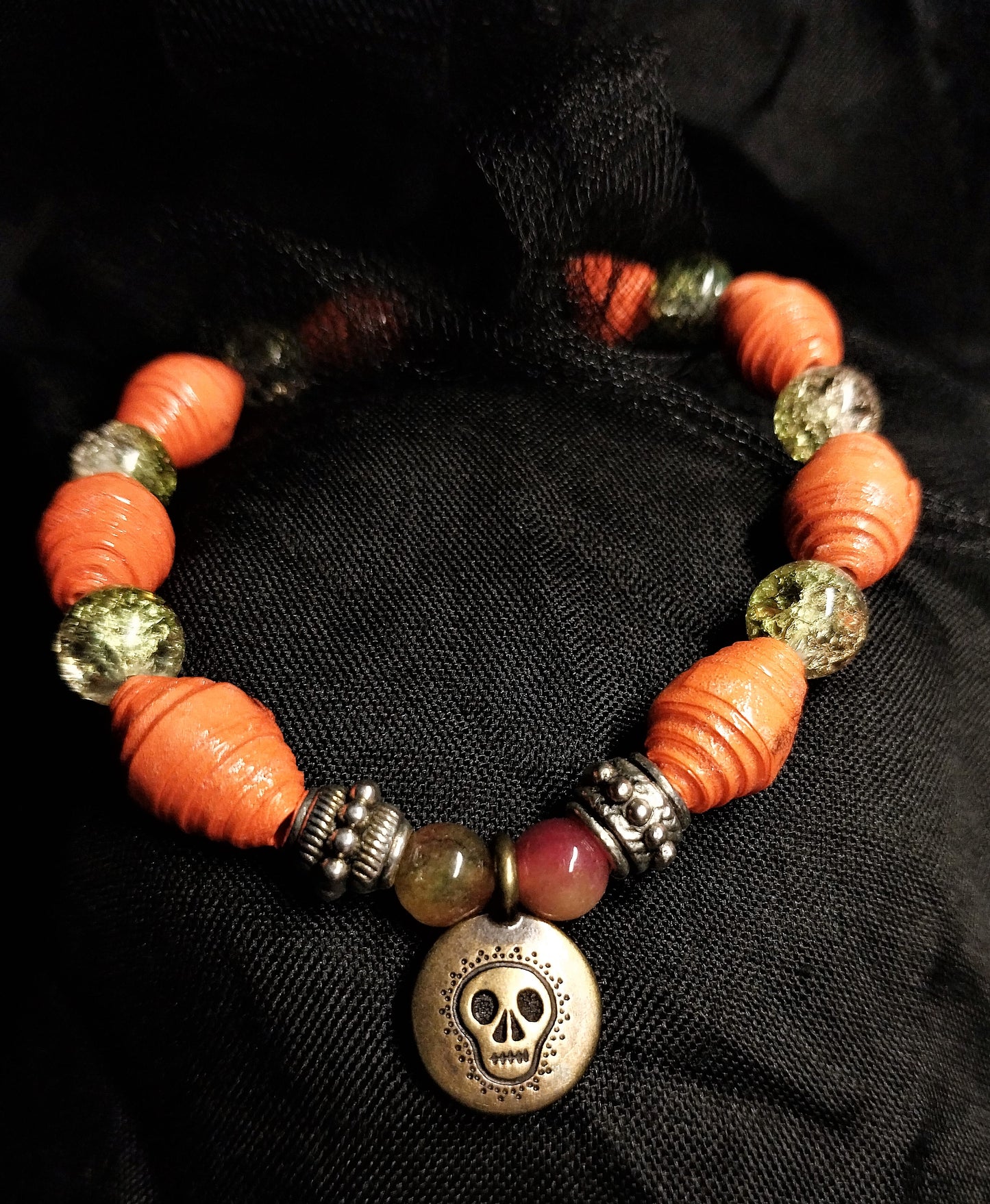 Bracelet With Dia De Los Muertos Skull, Orange Handmade Paper Beads & Crackled Beads