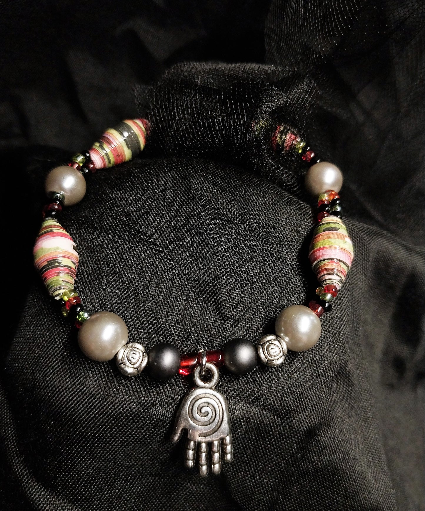 Bracelet With Hamsa Hand, Colorful Handmade Paper Beads & Silver Beads