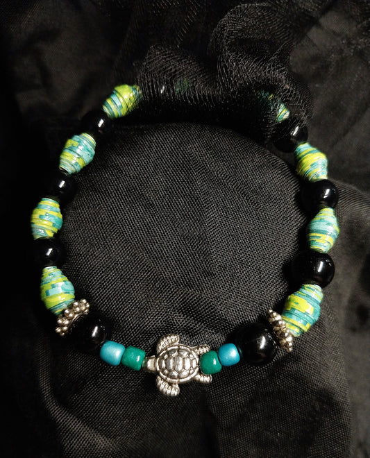 Bracelet With Turtle, Green & Teal Colored Handmade Paper Beads, and Black Beads