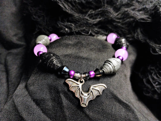 Bracelet With Bat, Black and Grey Handmade Paper Beads, and Opaque Beads