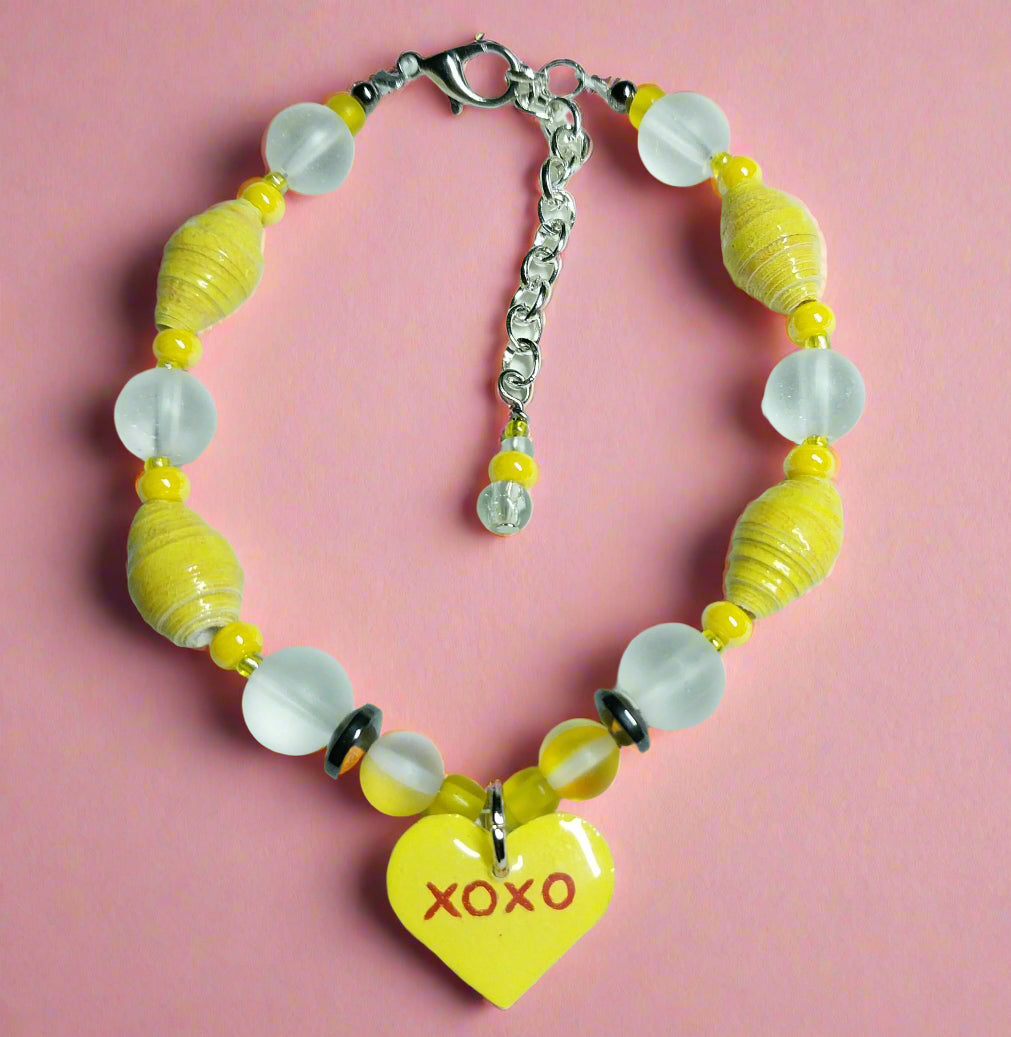 Adjustable Yellow Valentine  XOXO Bracelet With Handmade Paper Beads and Glass Beads