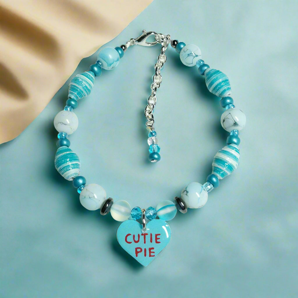 Adjustable Blue Valentine Cutie Pie Bracelet With Handmade Paper Beads and Glass Beads