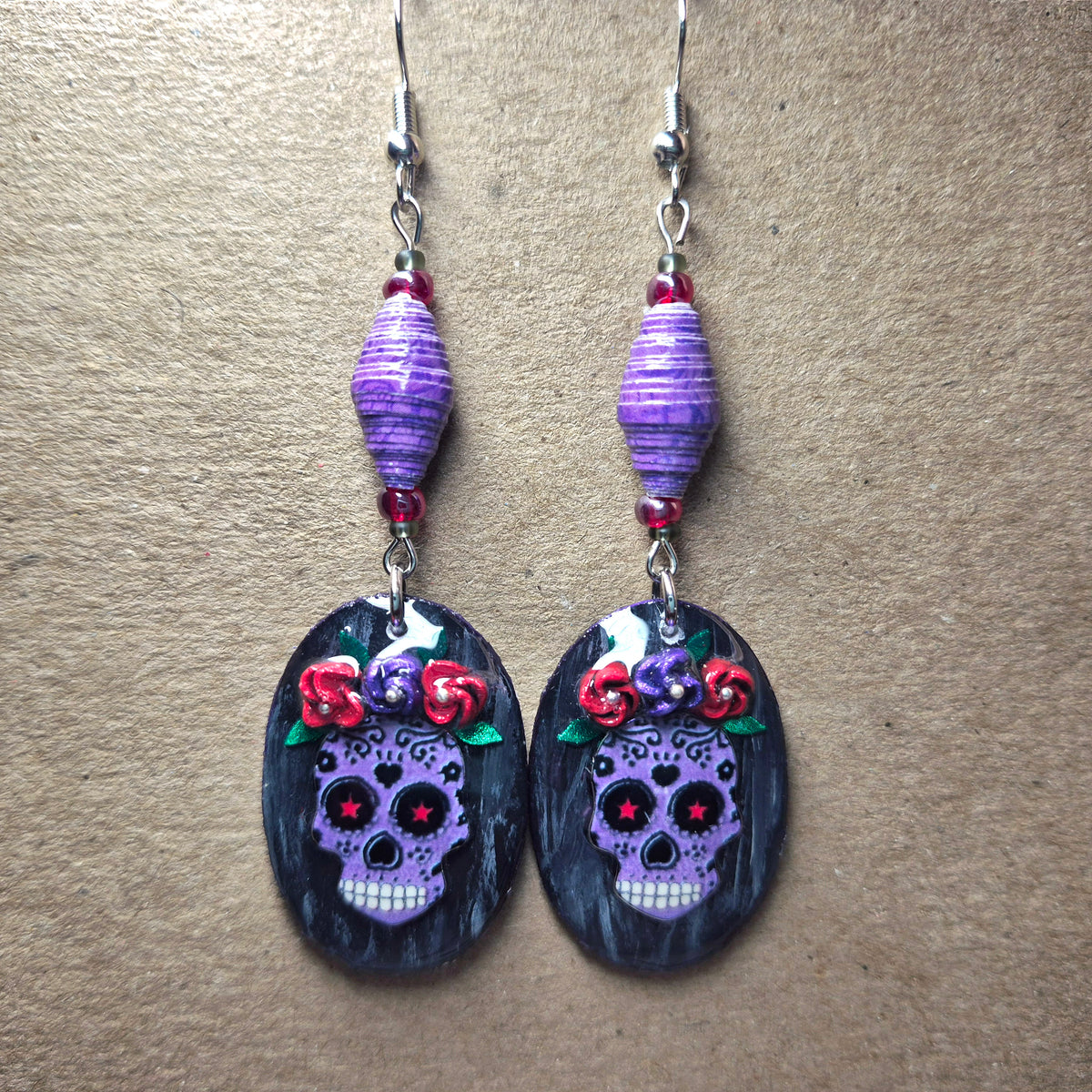 Handmade Victoria Sugar Skull and Flower Earrings With Handmade Purple Paper Beads and Glass Beads