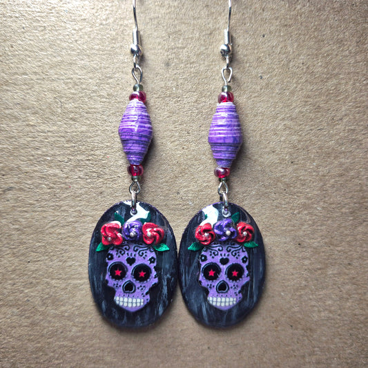 Handmade Victoria Sugar Skull and Flower Earrings With Handmade Purple Paper Beads and Glass Beads