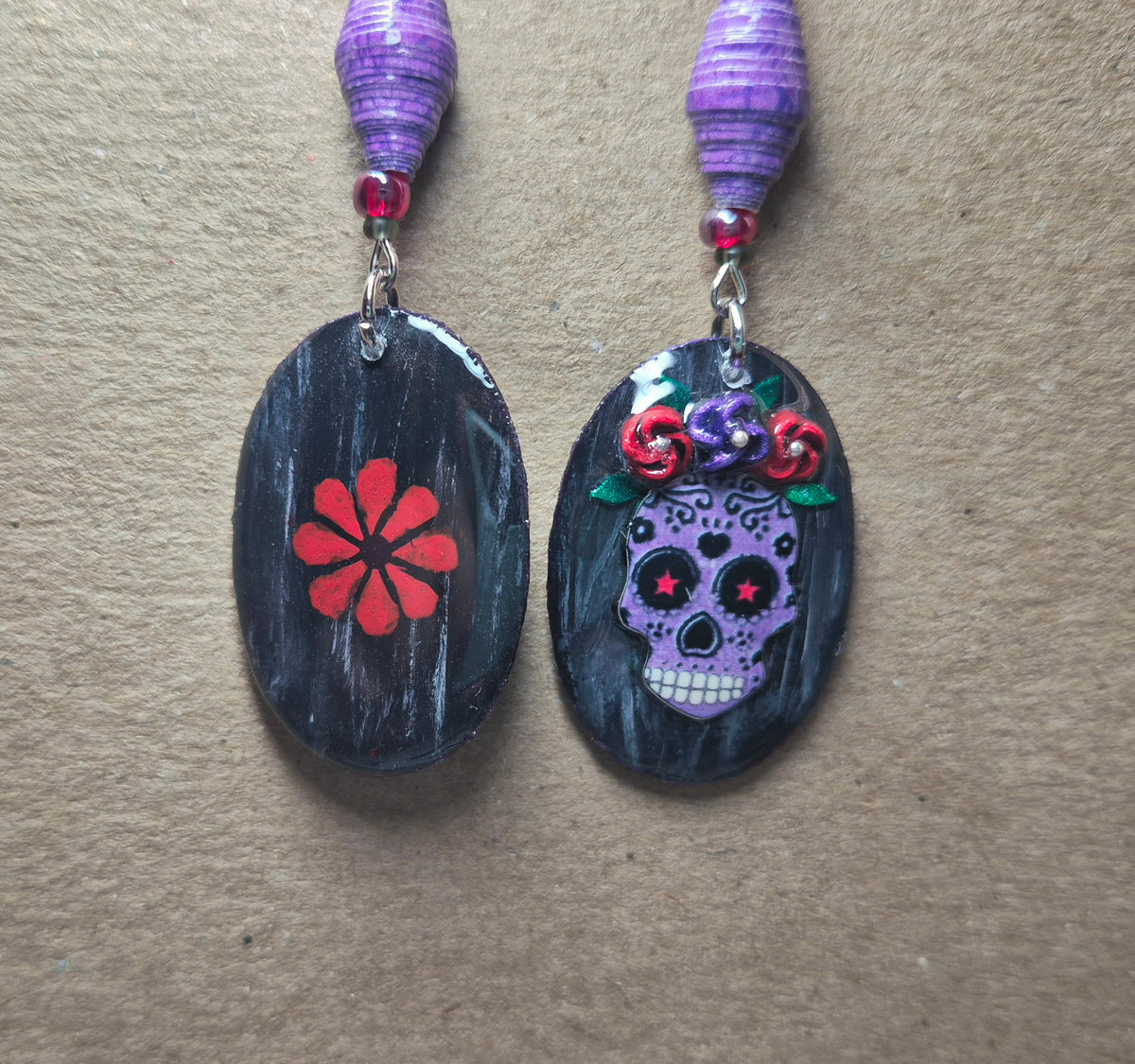 Handmade Victoria Sugar Skull and Flower Earrings With Handmade Purple Paper Beads and Glass Beads
