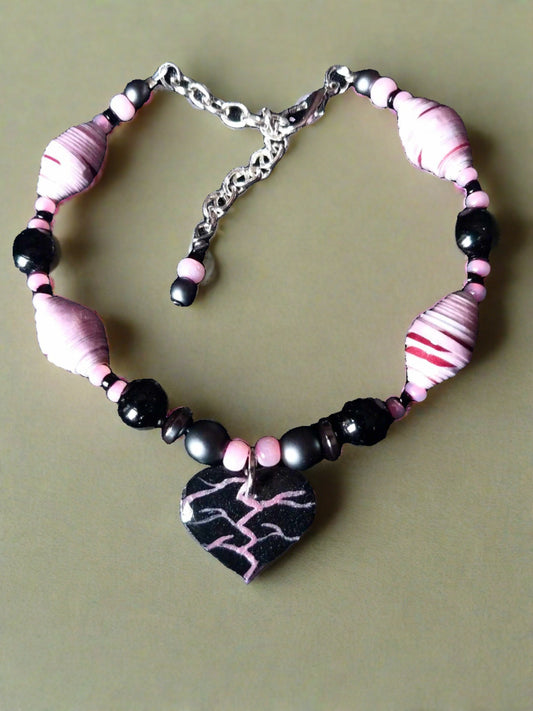 Adjustable Broken Heart Bracelet, Pink & Red Streaked Handmade Paper Beads & Black Glass Beads