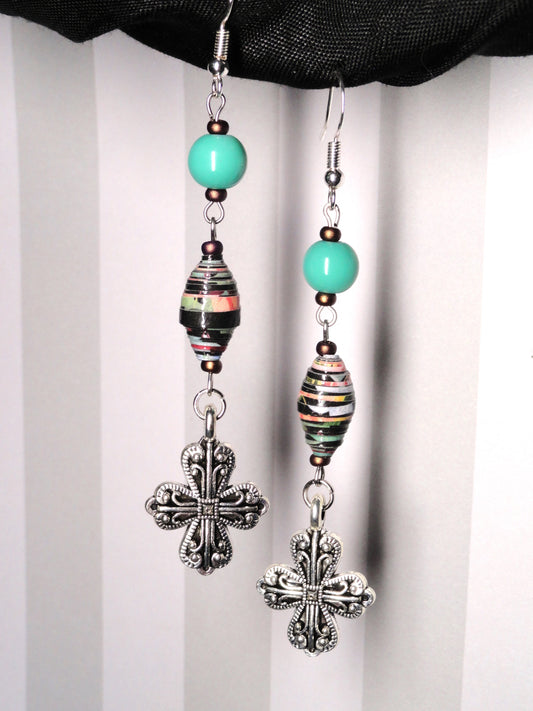 Cross Earrings With Multicolored Handmade Paper Beads and Glass Beads