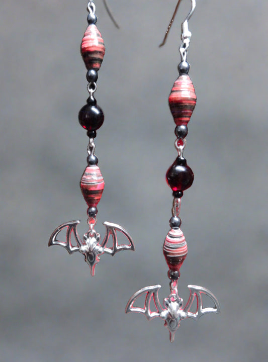 Bat Earrings With Red/Black Handmade Paper Beads and Blood Red Glass Beads