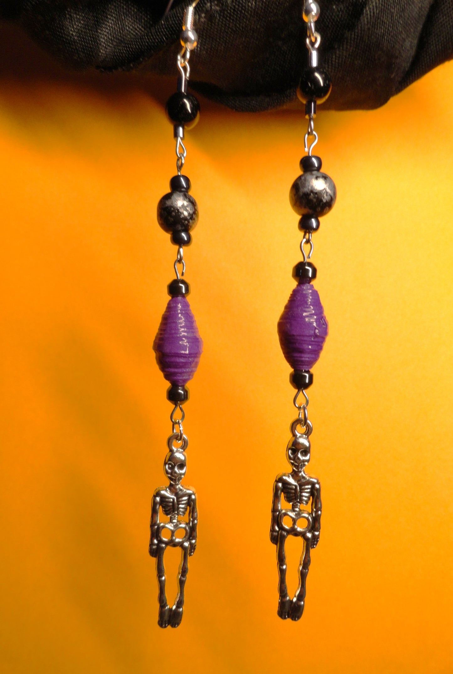 Skeleton Earrings With Purple Handmade Paper Beads and Marbled Beads