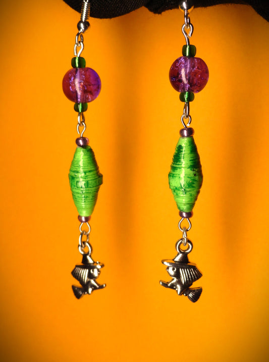 Witch Earrings With Green Distressed Handmade Paper Beads and Crackle Beads