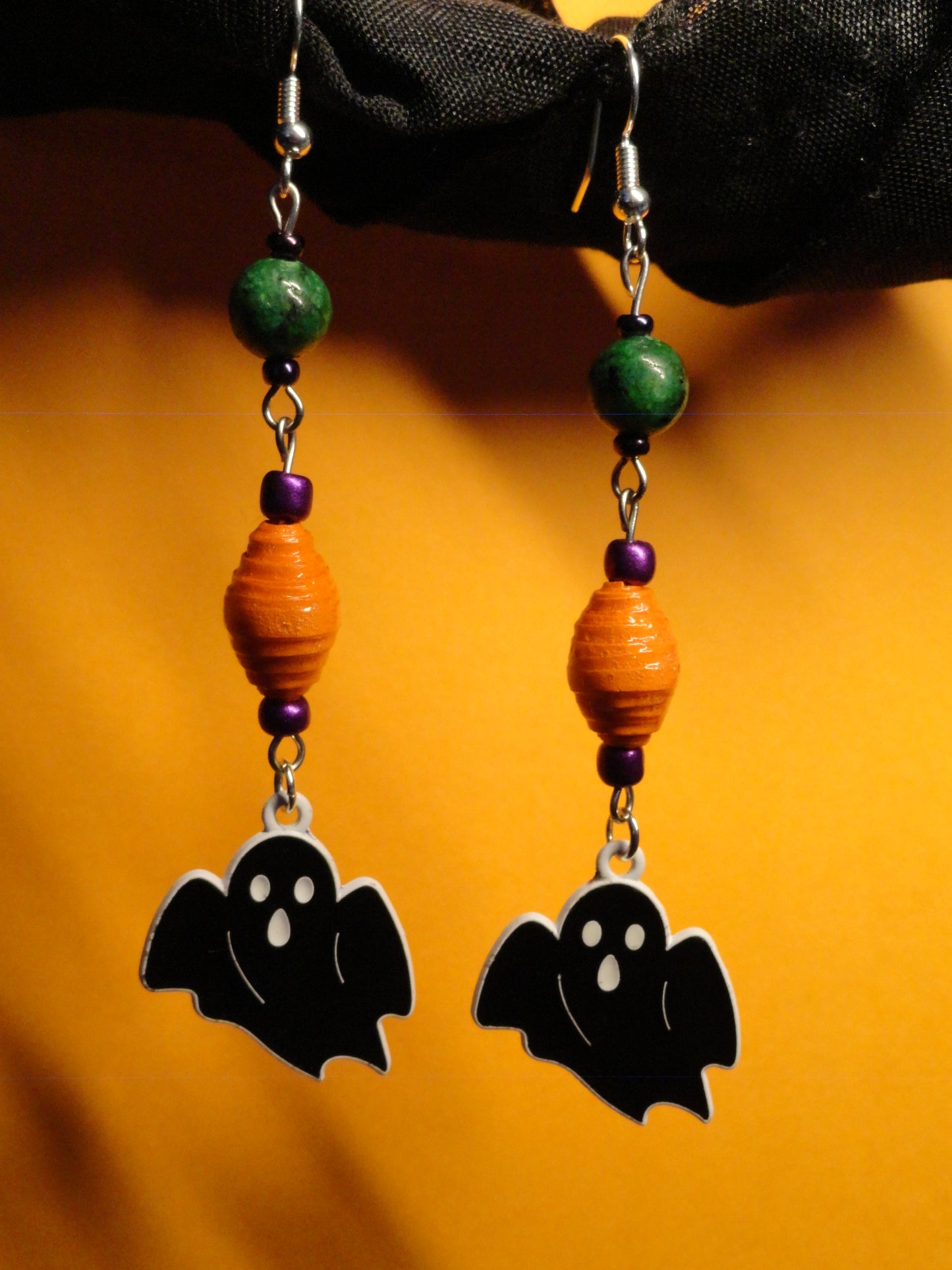 Ghost Earrings With Orange Handmade Paper Beads and Stone Beads