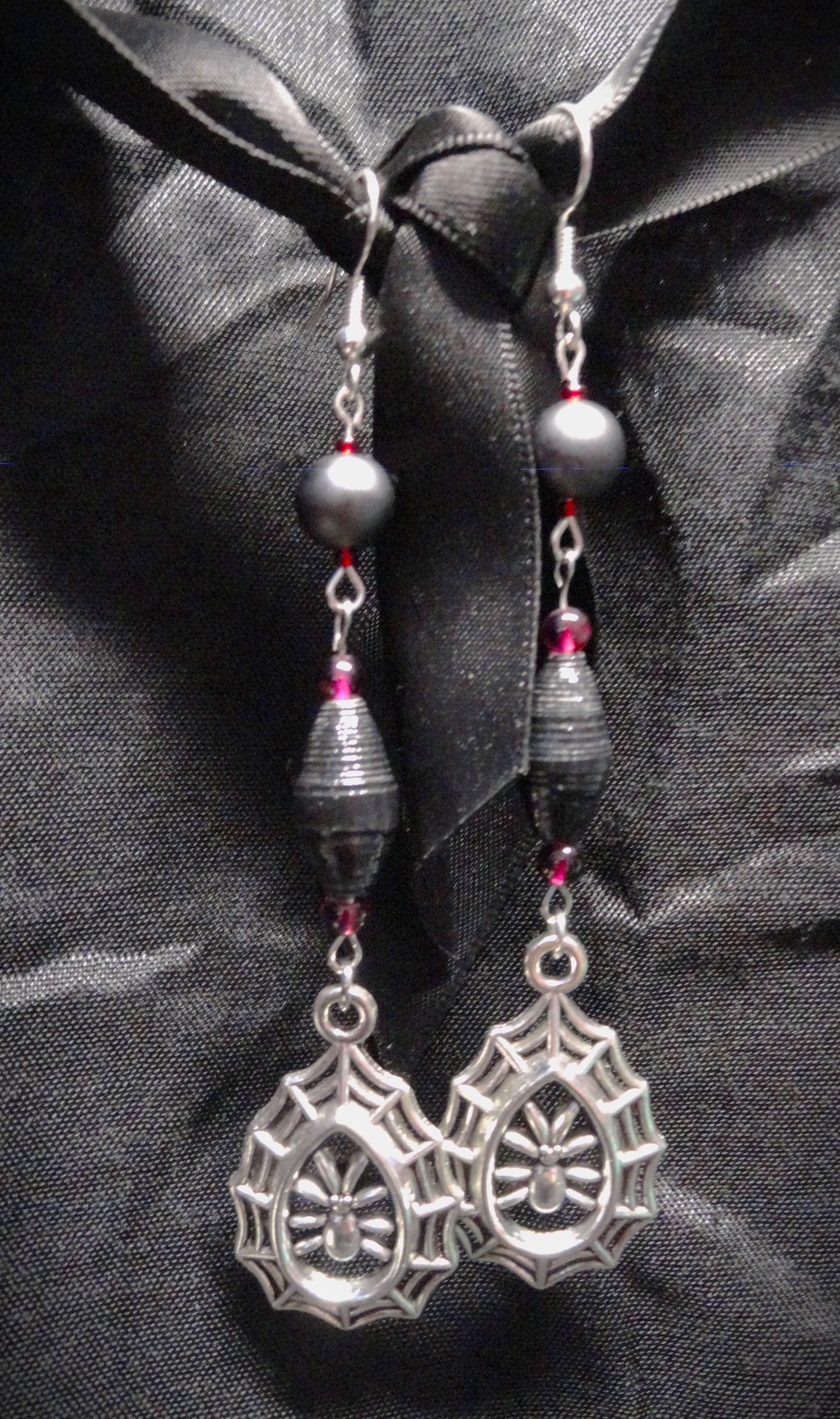 Spiderweb Earrings With Black Handmade Beads and Metallic Beads