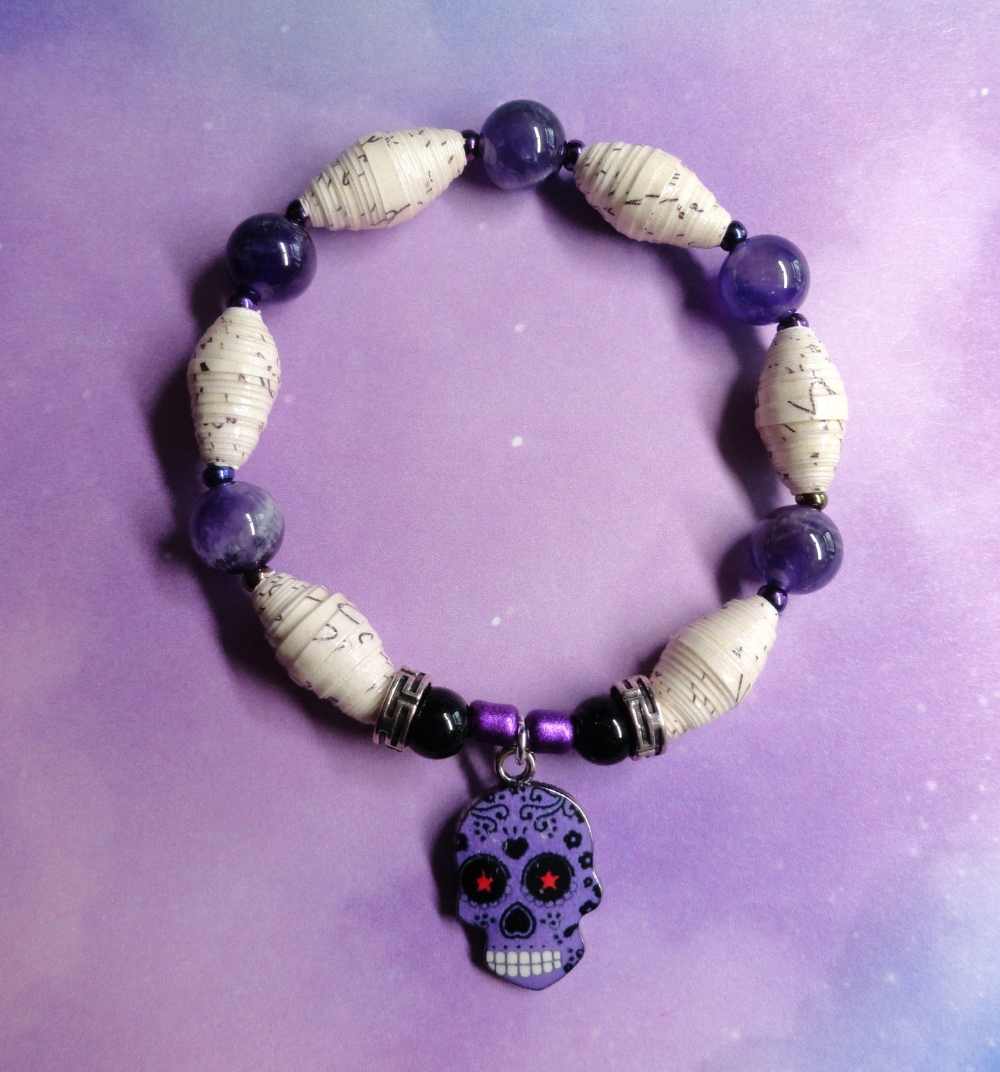 Bracelet With Sugar Skull, White Speckled Handmade Paper Beads & Frosted Beads