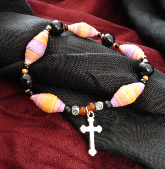Bracelet With Cross, Colorful Handmade Paper Beads & Black Glass Beads